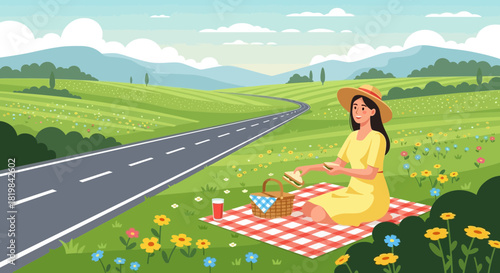 Serene countryside picnic scene with lady enjoying a delightful summer day