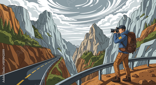 The photographer capturing grand vista of towering mountains road trip view