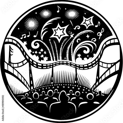 A black-and-white sketch background full of lively musical notes, stars, and curved lines.