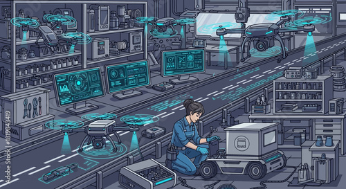 Futuristic Assembly Line: Skilled Technician Working on Autonomous Delivery Robot and Drones