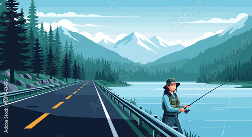 Serene lakeside fishing scene with mountains, road, and evergreen forest view