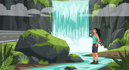 Woman enjoying the fresh air near a waterfall and lush landscape scenery