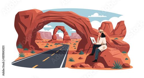 Artistic journey: Painting the majestic arches in the expansive desert landscape