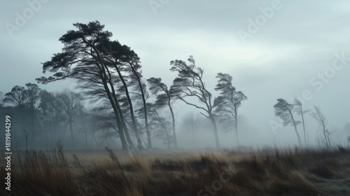 Misty landscape with tall trees bending in the strong wind — dramatic nature scene