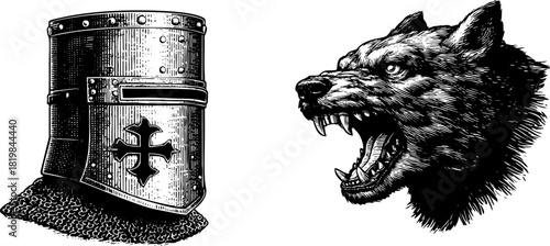 Medieval knight helmet and fierce wolf head illustration