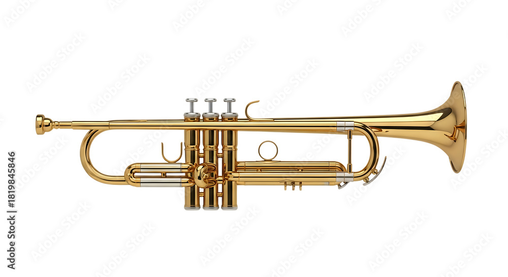 Obraz premium Gleaming brass trumpet, with silver valve caps and accents, isolated on a white or transparent background, cutout, PNG