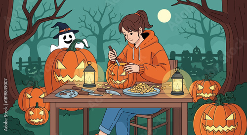 Festive halloween pumpkin carving night scene with a cheerful ghostly visitor