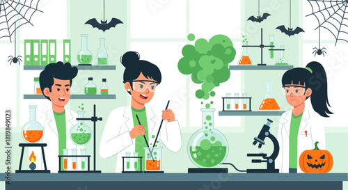 Spooky laboratory fun: Scientists conducting experiments with Halloween decorations