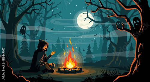 Mystical night: A hooded figure warms by a campfire in a haunted forest