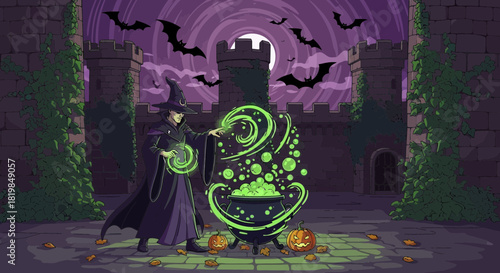 Enchanting Halloween Night: A Witch's Spellbinding Brew in a Medieval Castle