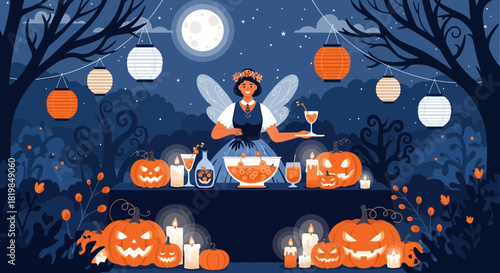 Enchanting Halloween Fairy Hosting a Festive Gathering Under the Moonlight