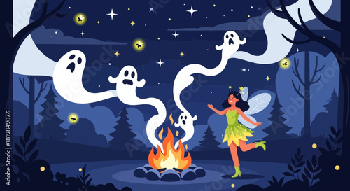 Enchanting Forest Night Scene: Fairy, Campfire, and Mystical Floating Ghosts
