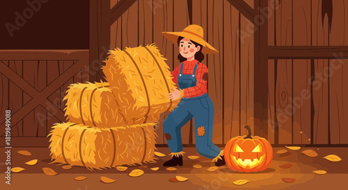 Autumn harvest illustration featuring farmer girl hay bales and festive carved pumpkin