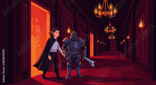 A humorous illustration depicting a vampire and knight walking down a corridor