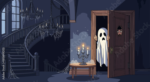 Eerie encounter: A cartoon ghost in a haunted mansion seeks to startle