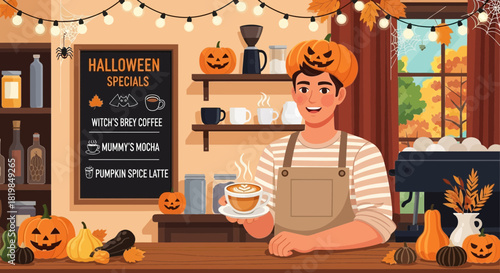 Festive halloween coffee shop specials promotion with cheerful barista illustration