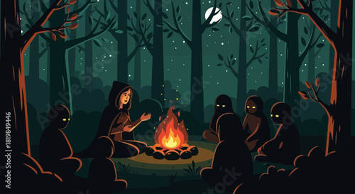 Mystical gathering around a campfire in a dark forest under a full moon