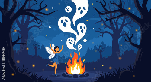 Enchanting fairy summoning spirits over a bonfire in a dark ethereal forest