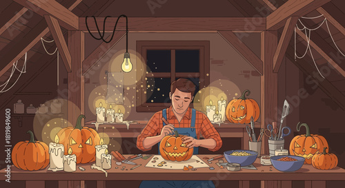Attic workshop: Focused man crafting Halloween pumpkins with candles and tools