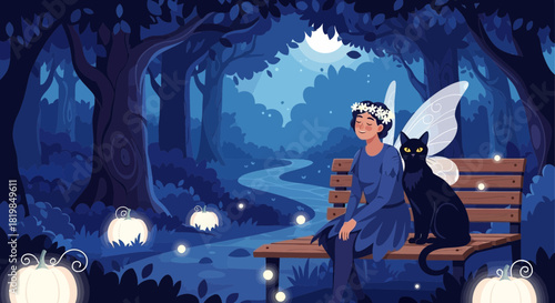 Enchanting night scene with fairy, black cat and glowing pumpkins in the mystical forest