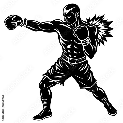 Powerful boxer throwing a punch in black and white illustration style
