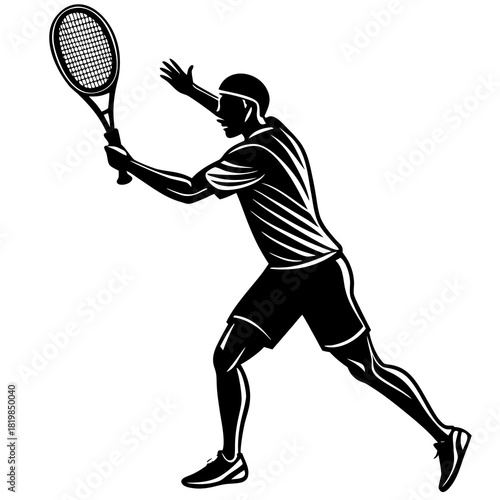 Tennis player ready to serve in black and white silhouette