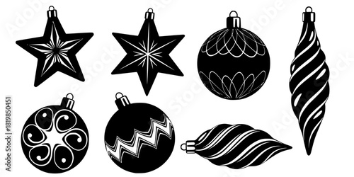 Black Christmas ornament silhouette set with star, round bauble, and spiral decoration, festive holiday vector design elements collection