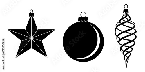 Black Christmas ornament silhouette set with star, round bauble, and spiral decoration, festive holiday vector design elements collection