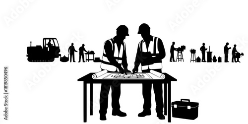 Construction engineers working together silhouettes with safety vests, toolboxes, inspection tables, teamwork coordination and industrial workplace activities