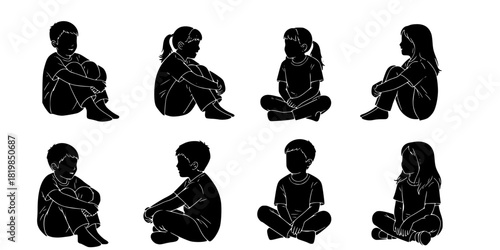 Silhouettes of children sitting in various poses, playful and relaxed, lifestyle illustration for friendship, childhood memories, and educational design