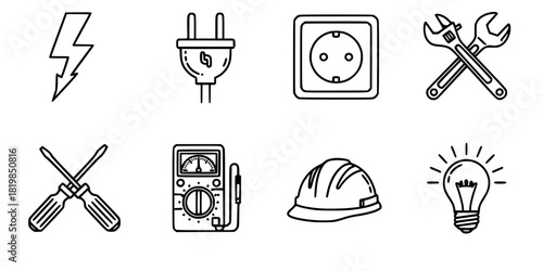 Electrician tool icons set with lightning symbols, plug, socket, wrenches, screwdrivers, multimeters, hard hat and light bulb for electrical work