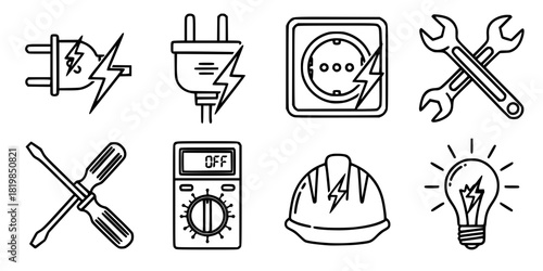 Electrician tool icons set with lightning symbols, plug, socket, wrenches, screwdrivers, multimeters, hard hat and light bulb for electrical work