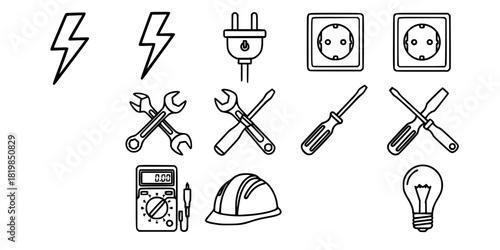 Electrician tool icons set with lightning symbols, plug, socket, wrenches, screwdrivers, multimeters, hard hat and light bulb for electrical work