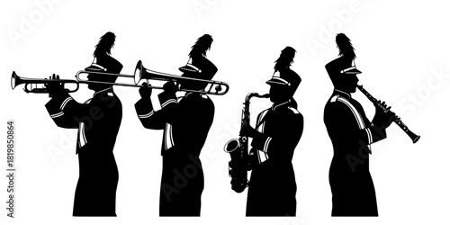 Marching band silhouettes with trumpet, trombone, flute, saxophone, clarinet, musicians in uniform, parade performance, musical ensemble illustration design artwork