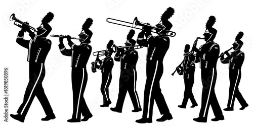 Marching band silhouettes with trumpet, trombone, flute, saxophone, clarinet, musicians in uniform, parade performance, musical ensemble illustration design artwork