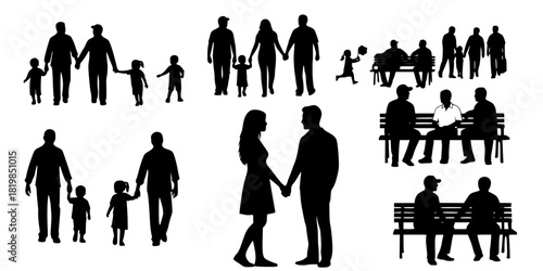 Silhouette people in everyday community activities, families and friends interacting, walking, sitting, holding hands, sharing moments, companionship, social connection concept 