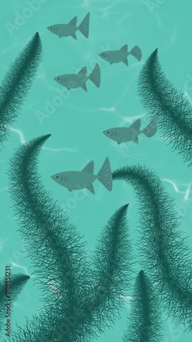Vertical moving background with fish and algae. Animated minimalistic design in turquoise colors. Cartoon-style sea theme. Animated 4k video