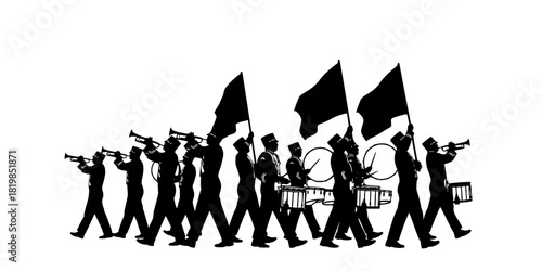 Marching band silhouettes, musicians with instruments, parade performers, flag bearers, drummers, trumpet players, marching formation, band performance illustration