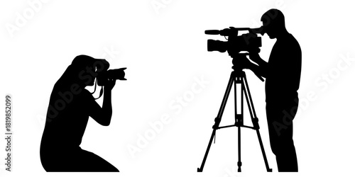 Photographer silhouette, videographer silhouette, camera operator, tripod setup, photo shoot, video recording, media production, capturing moments, professional photography poses
