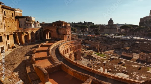 The ruins of Trajan's markets, or Mercati di Traiano, facing the Imperial Forums and the Altare della Patria, Rome, Italy, the first shopping mall in the world