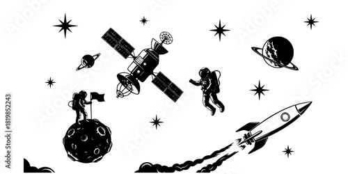 Black and white space exploration silhouettes of astronauts floating, planting flags, operating satellite, and a rocket launching in space