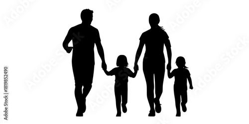Running family silhouettes, fitness activity, healthy lifestyle, parent and child jogging, black vector art, outdoor exercise, bonding momentRunning family silhouettes