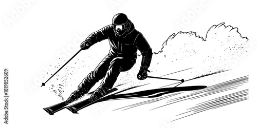 Dynamic skiing silhouette, skier in motion, winter sports action, alpine skiing, extreme sport, ski poles, downhill skiing, snow adventure.