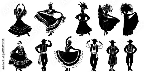 Silhouettes of cultural dancers performing traditional, folk, flamenco, Latin, and carnival dance styles in dramatic poses and festive costumes.