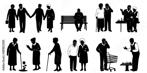 A vector collection of black silhouettes featuring elderly people, senior couples, and individuals in various daily life poses and activities.