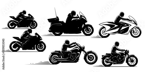 Silhouettes of motorcycles with riders in varied styles, sport bike, touring, cruiser designs, dynamic riding postures, creative transportation concept art