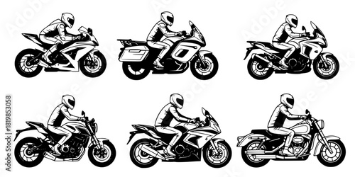 Silhouettes of motorcycles with riders in varied styles, sport bike, touring, cruiser designs, dynamic riding postures, creative transportation concept art