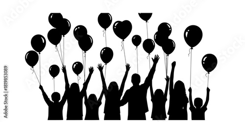 Family celebration silhouettes, joyful people with balloons, children and adults raising arms, festive vector art, happy gathering illustration