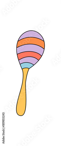 Groovy maraca in retro cartoon graphic style shows music instrument as a fun and colorful sticker. A playful groove element for retro festival or party, vibrant sound and cheerful atmosphere.