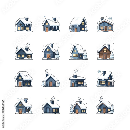 Collection of Cozy Winter Cabins in a Snowy Landscape.